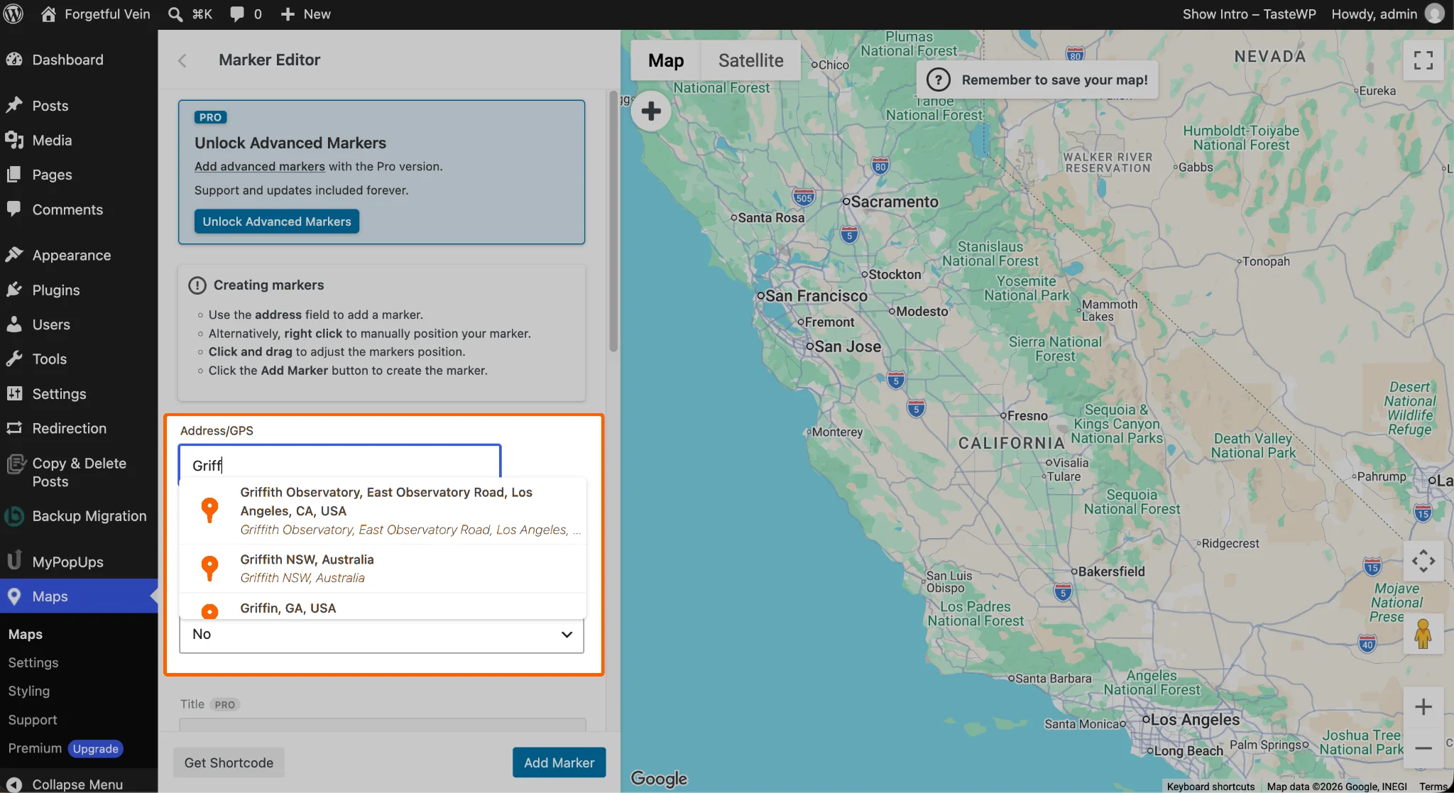 Marker editor showing address search results for selecting a business location