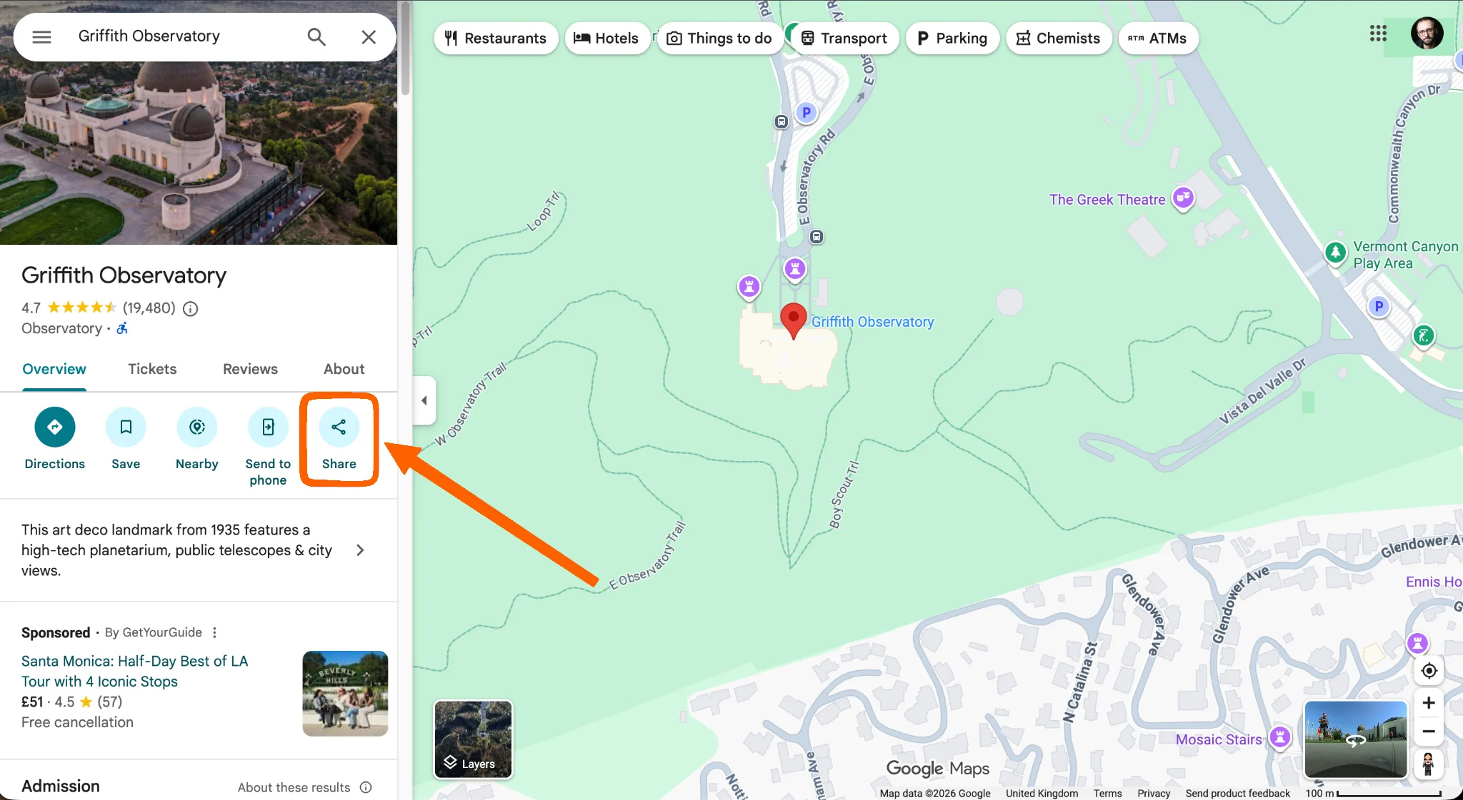 Google Maps location details with the Share option highlighted