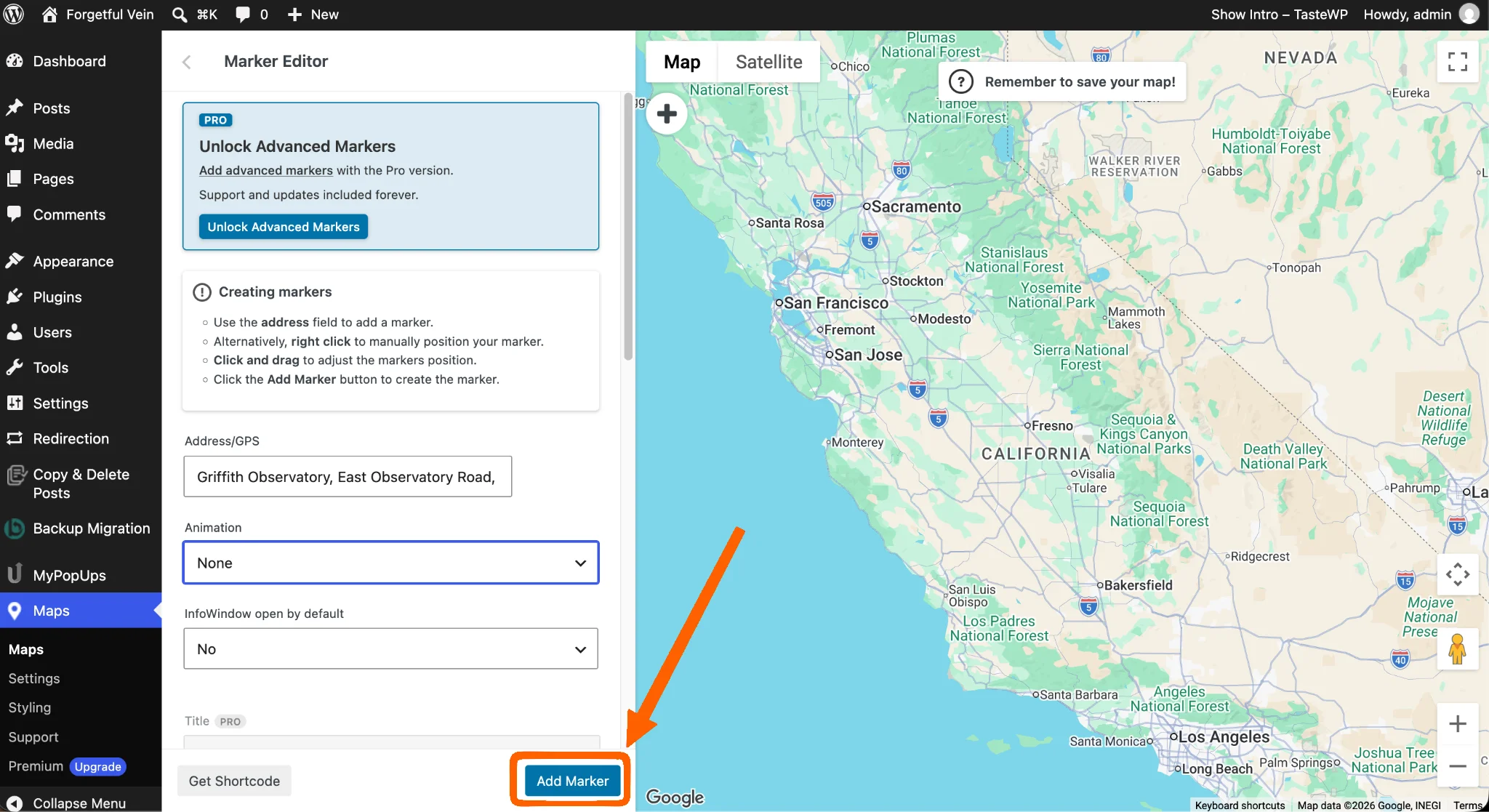 WP Go Maps marker editor with the Add Marker button highlighted