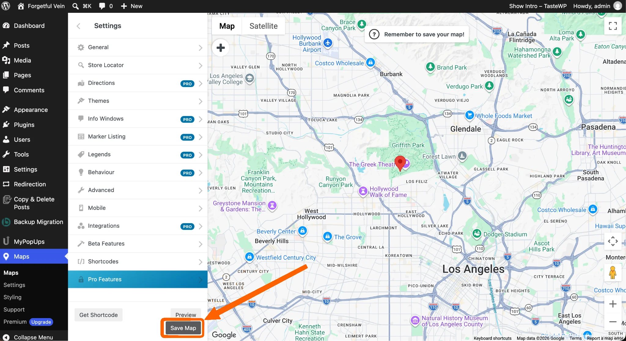 WP Go Maps editor with the Save Map button highlighted after configuring the map