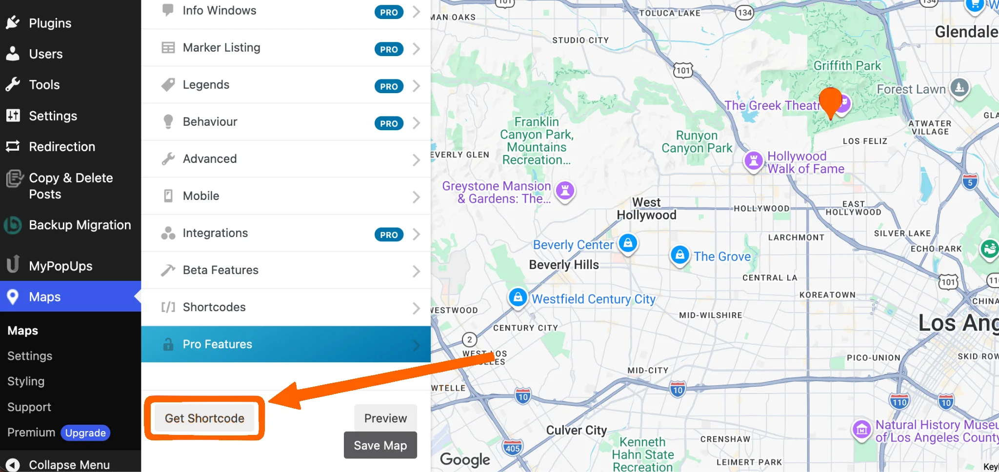 WP Go Maps editor with the Get Shortcode button highlighted for copying the map shortcode