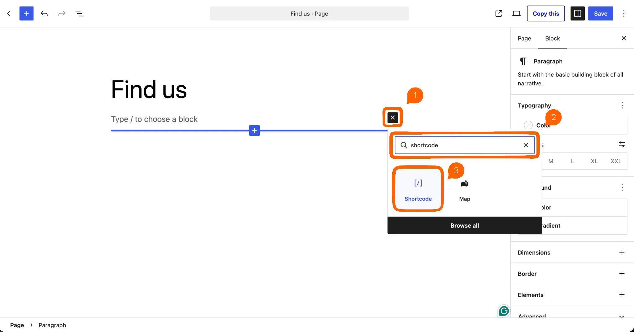 WordPress editor adding a Shortcode block to the Find us page
