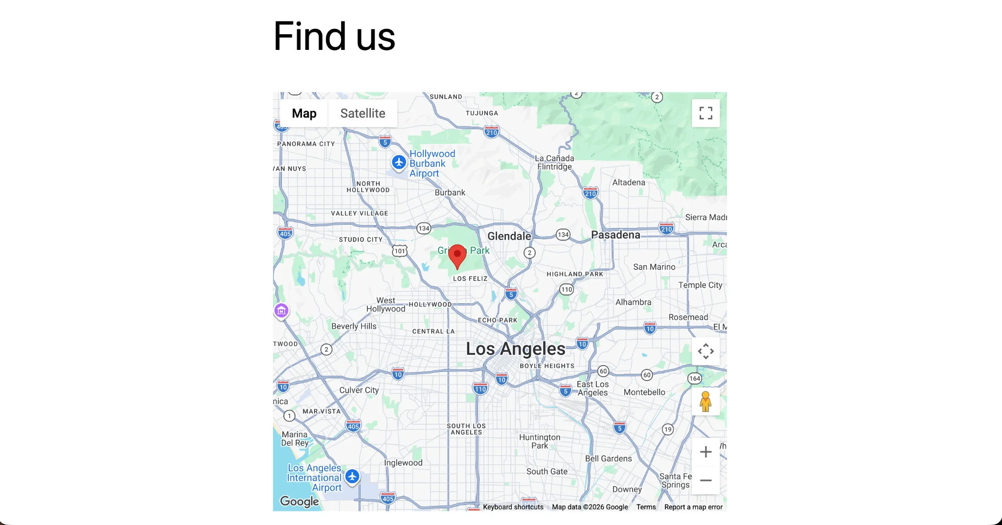 Published Find us page displaying the configured Google Map with its location marker