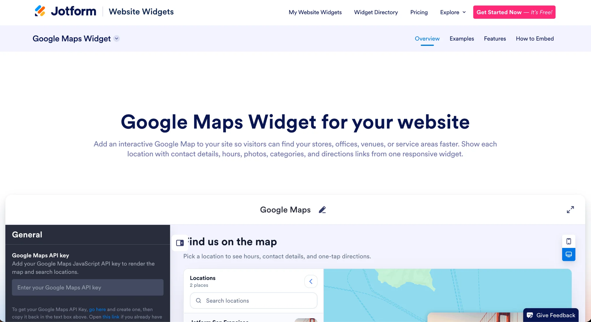 Jotform Google Maps Widget page showing the interactive map configuration interface