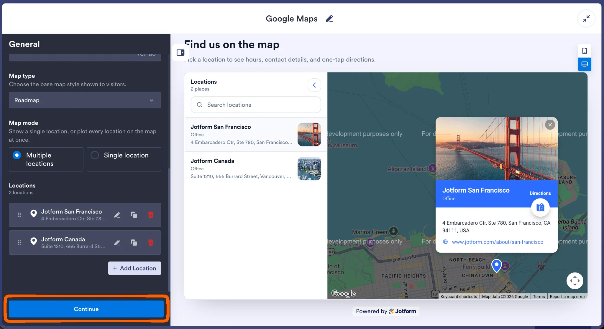Jotform Google Maps Widget settings showing locations, map style, and Continue button