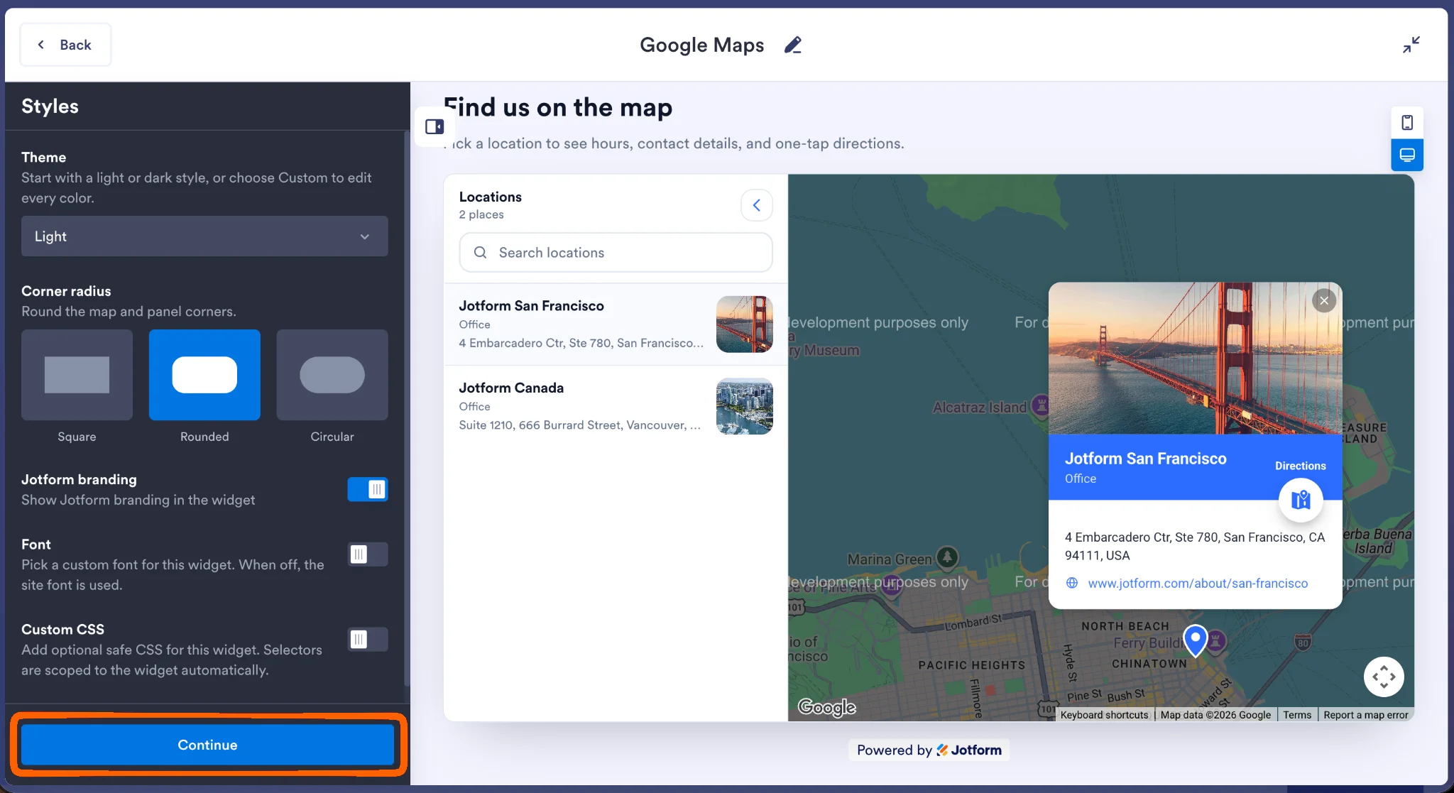Jotform Google Maps Widget style settings with theme options and Continue button