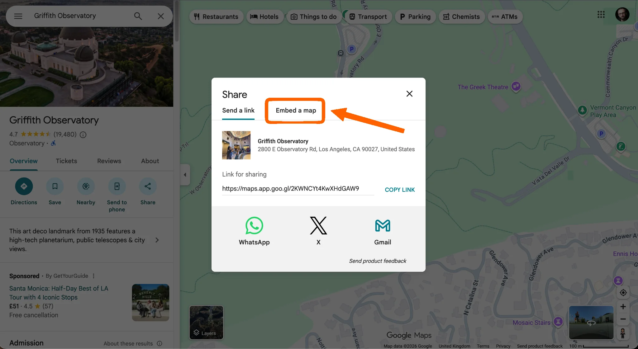 Google Maps share dialog with the Embed a map tab selected