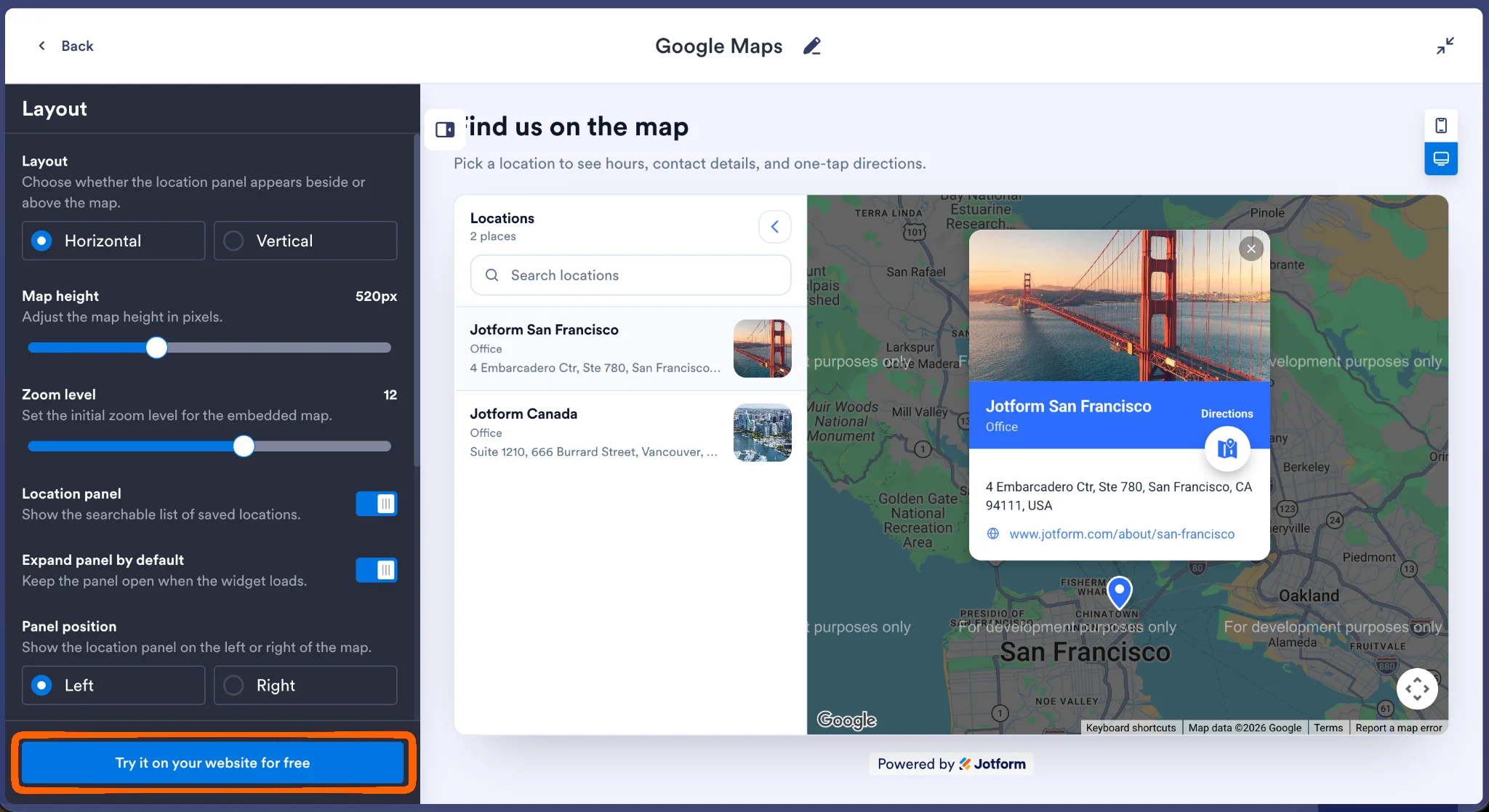 Jotform Google Maps Widget layout settings with Try It on Your Website for Free button