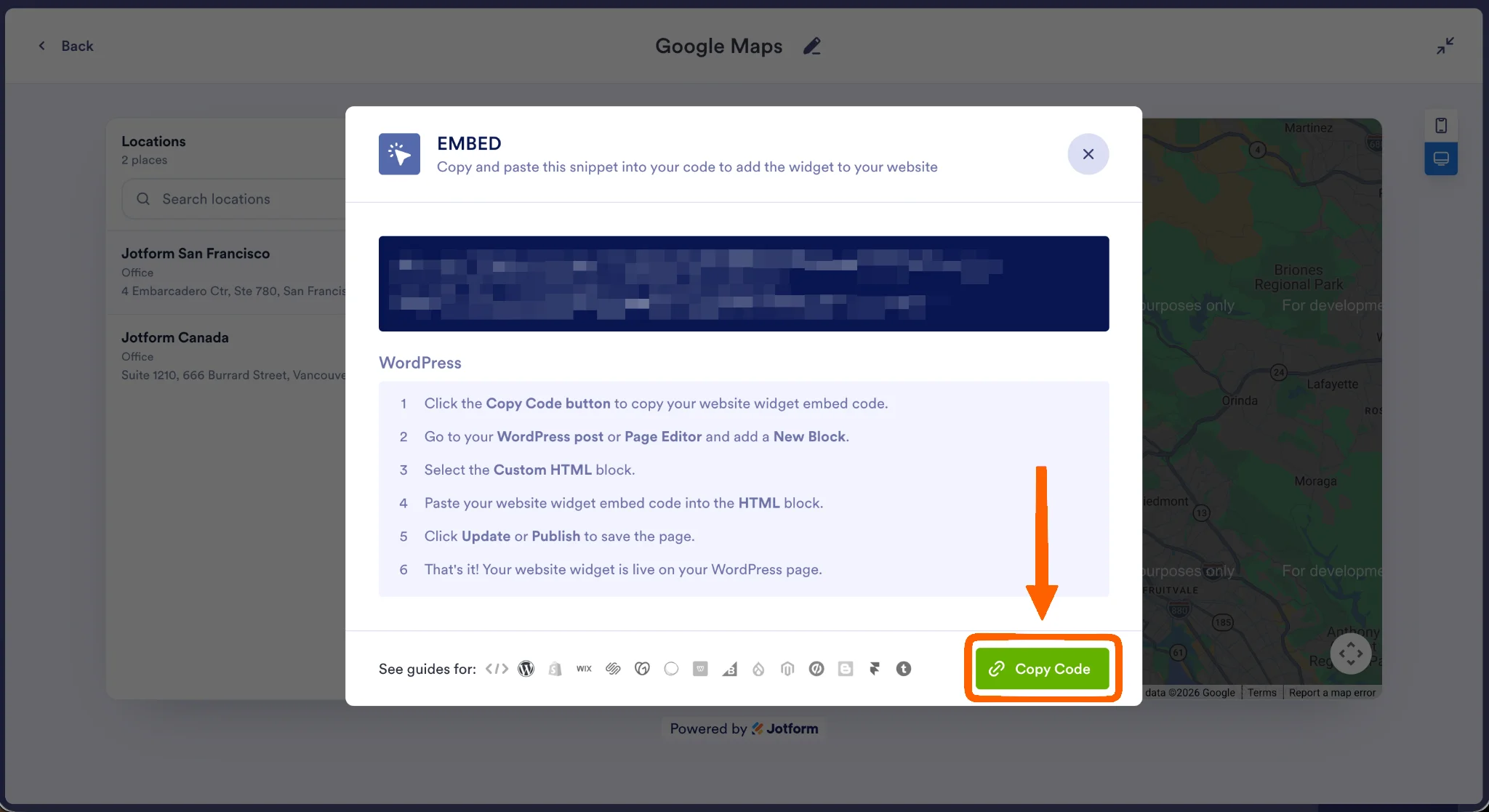 Jotform Google Maps Widget embed popup with the Copy Code button highlighted