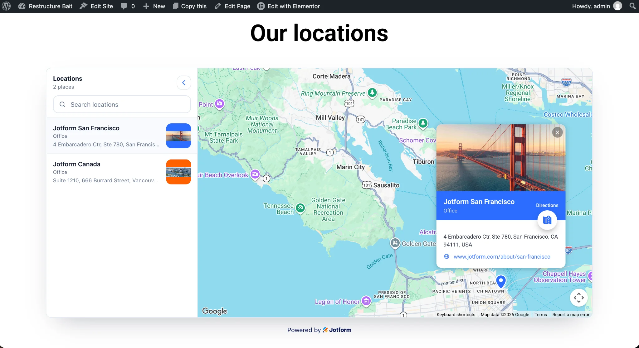 Published WordPress page displaying the embedded Jotform Google Maps Widget with multiple locations
