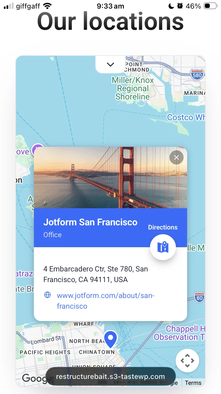 Mobile view of the Jotform Google Maps Widget resized to fit the phone screen