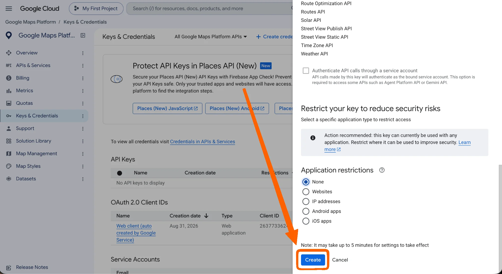 API key creation panel showing restriction settings and the Create button