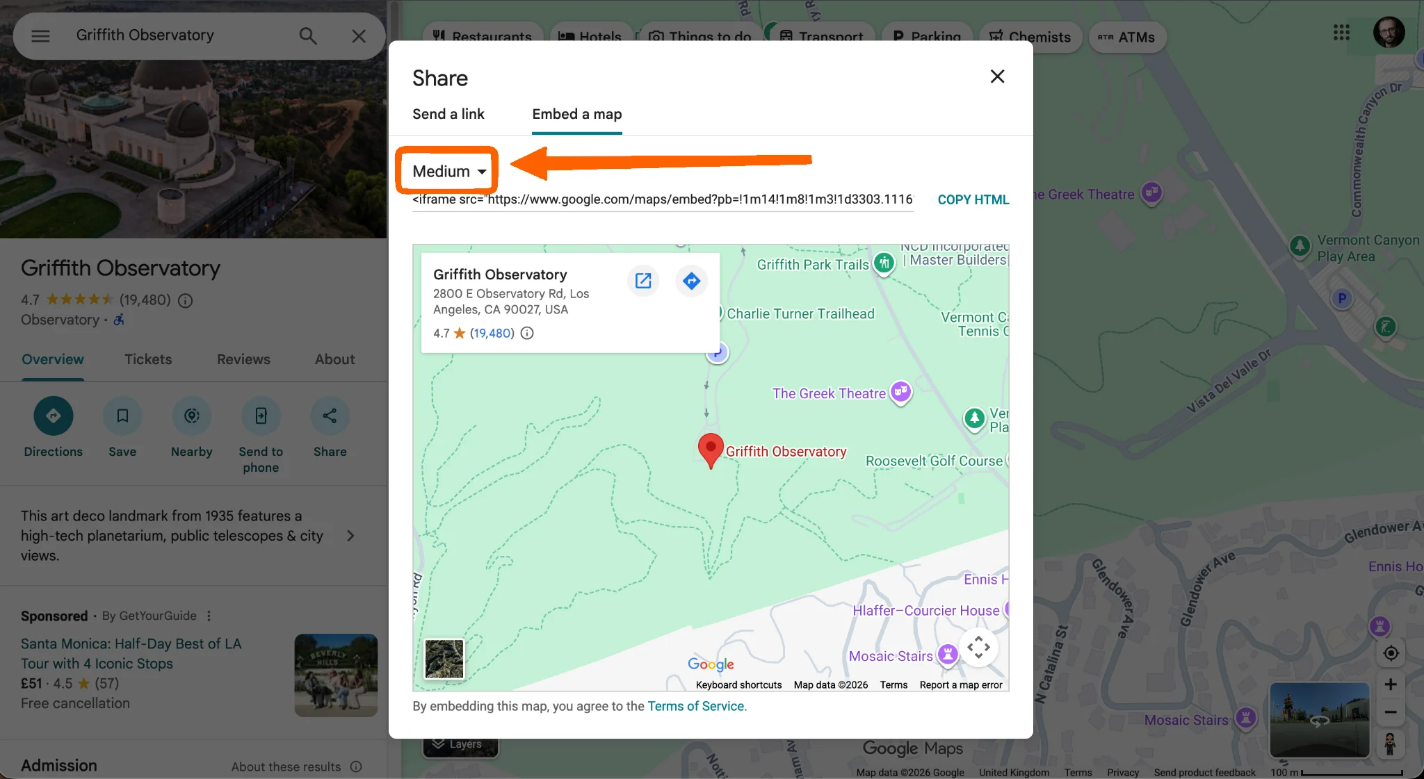 Google Maps embed dialog displaying an iframe code snippet