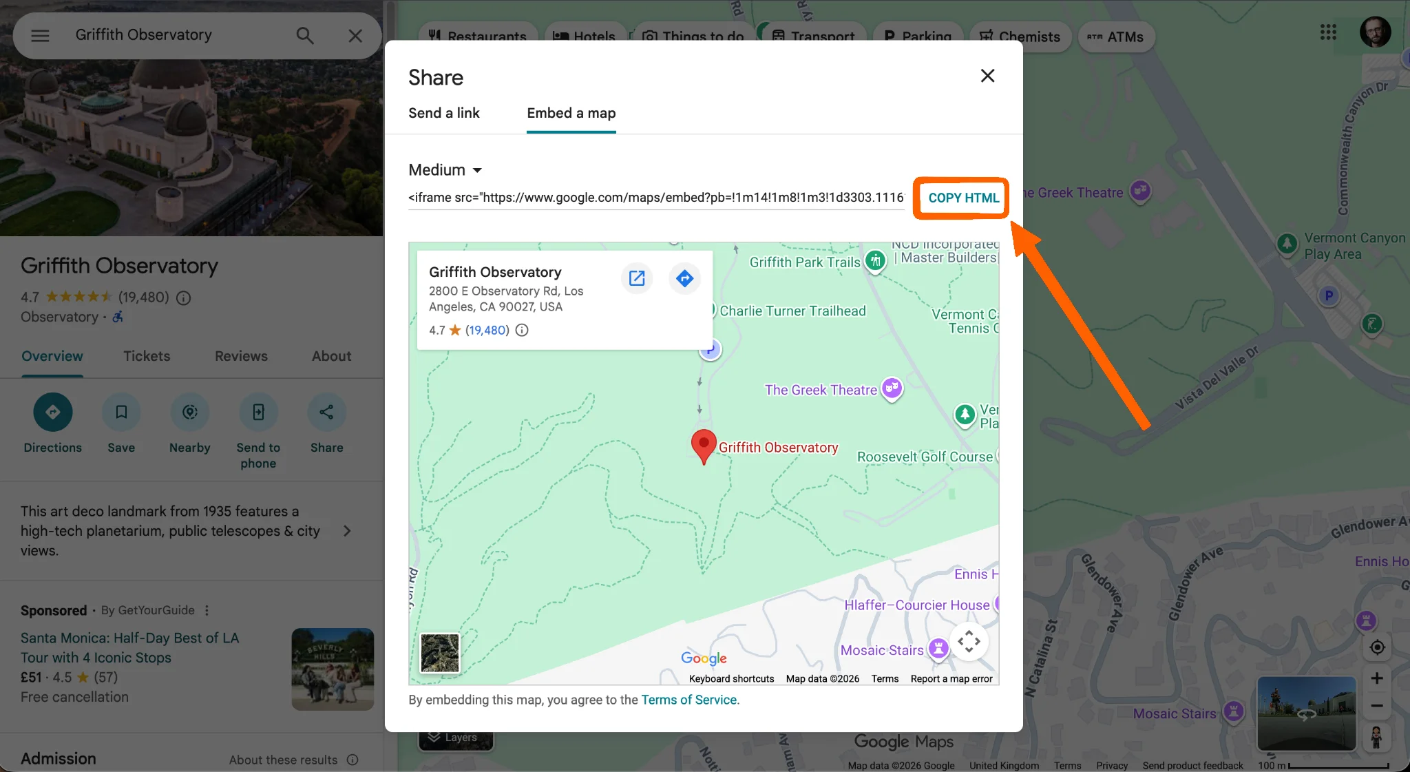 Google Maps embed code dialog with the Copy HTML button highlighted