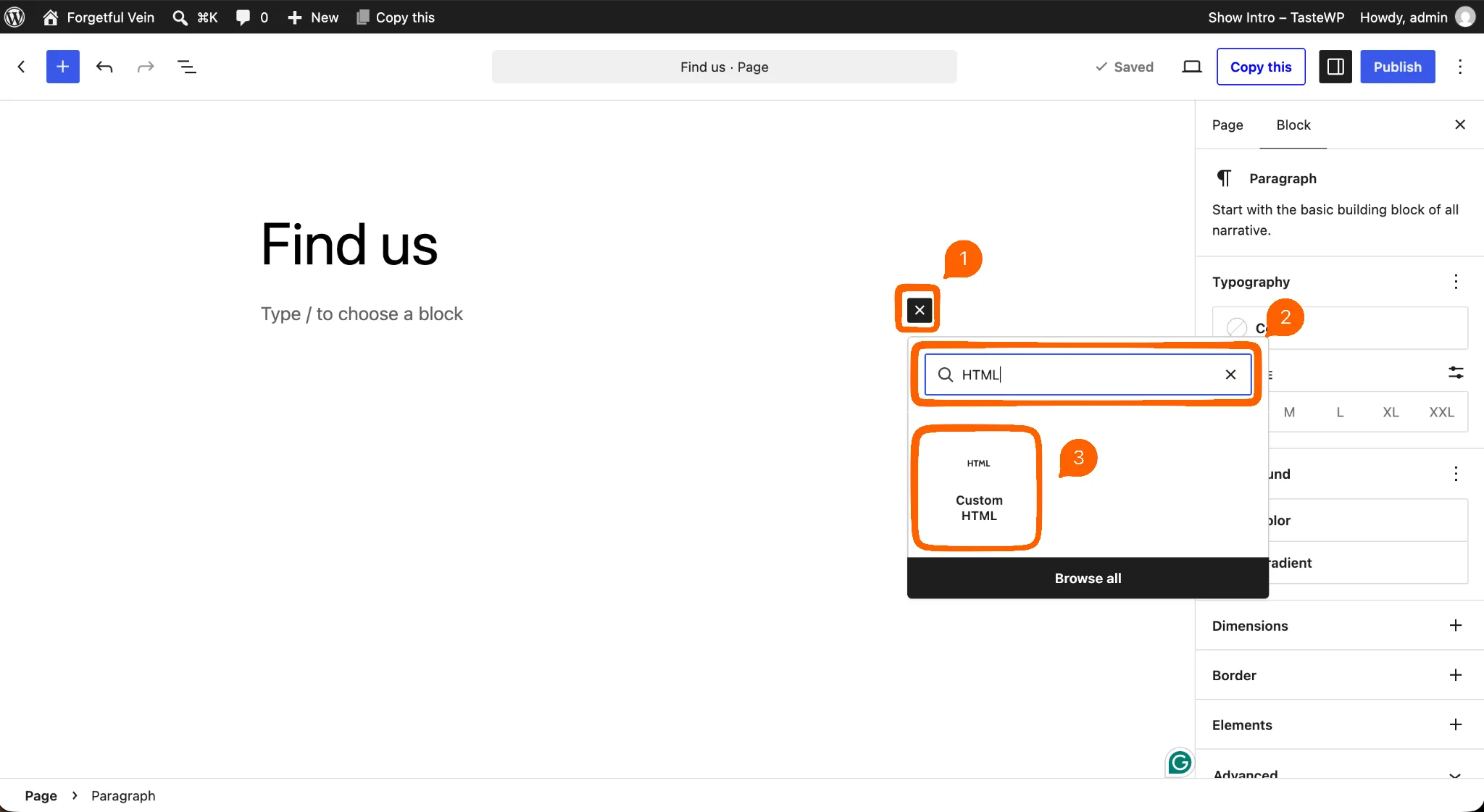 WordPress editor adding a Custom HTML block to the Find us page