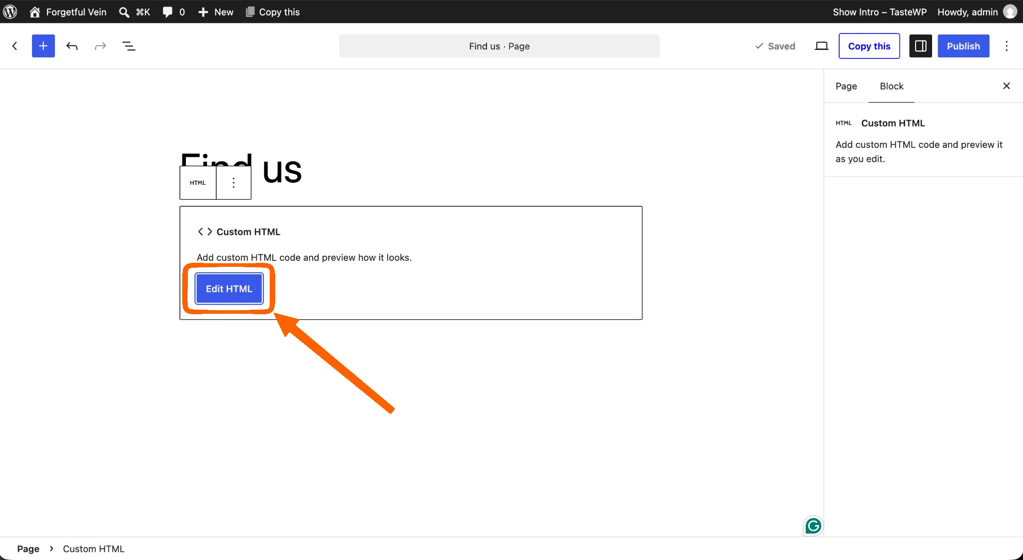 WordPress Custom HTML block with the Edit HTML option highlighted