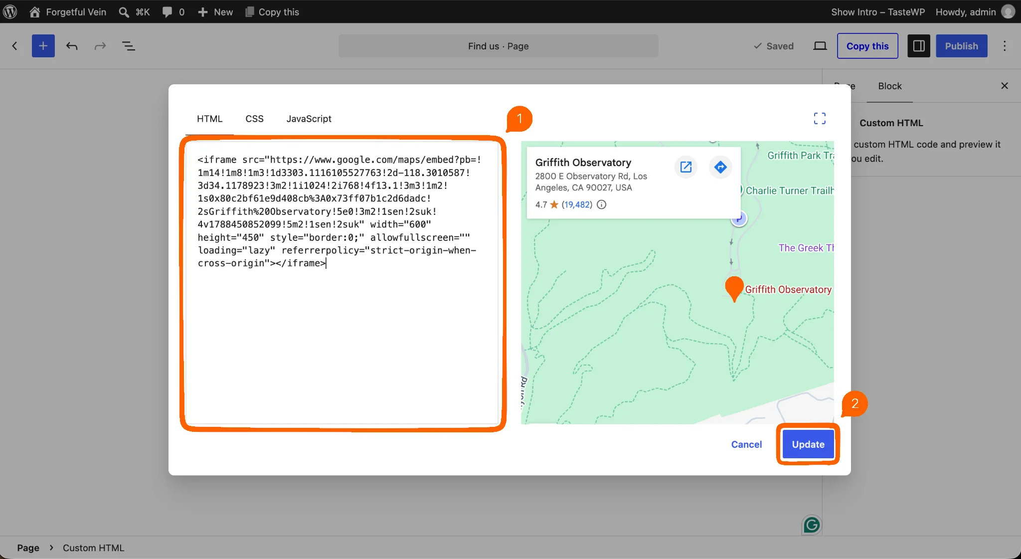 WordPress HTML editor showing embedded Google Maps iframe code and Update button