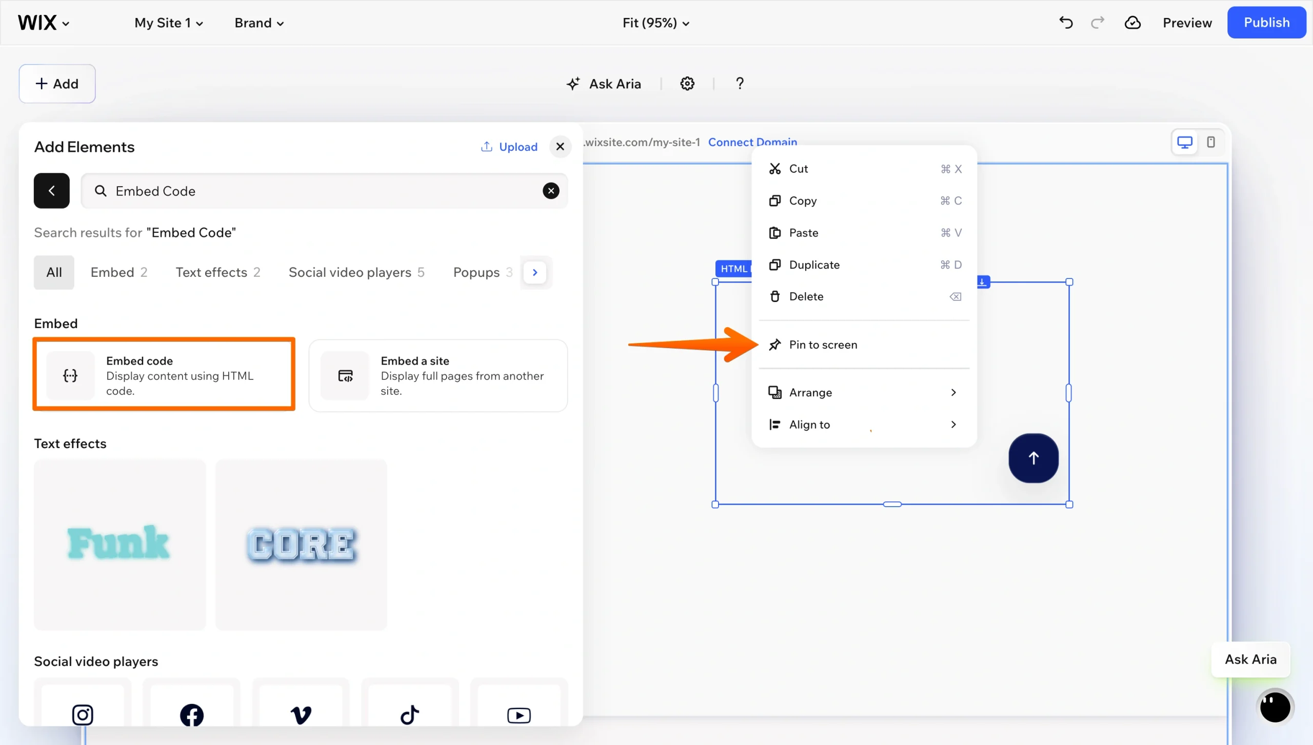 Wix Editor showing an embedded HTML element pinned to the screen