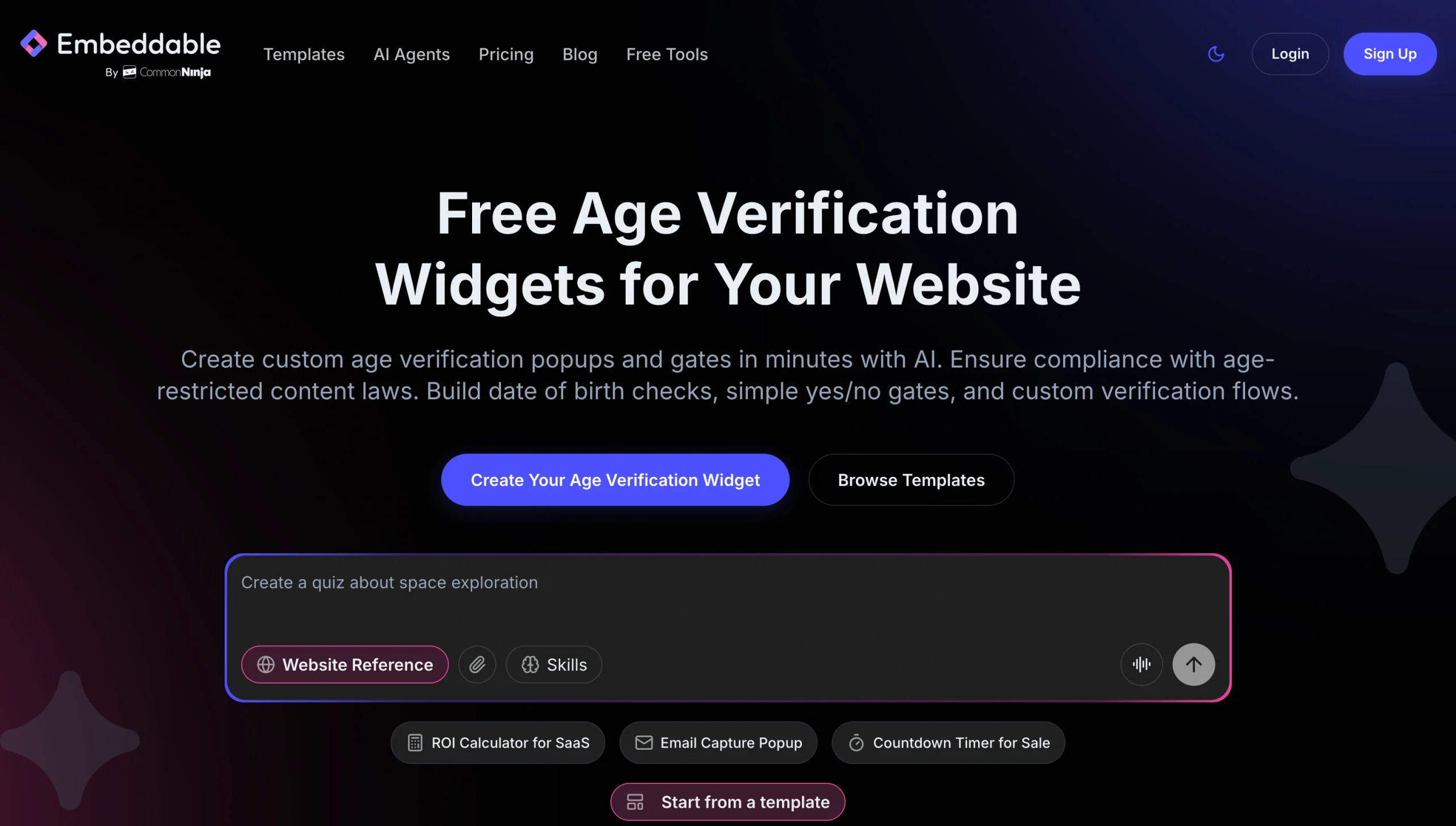 Screenshot of the Embeddable Age Vertification widget landing page, showing a headline "Free Age Vertification Widgets for Your Website"