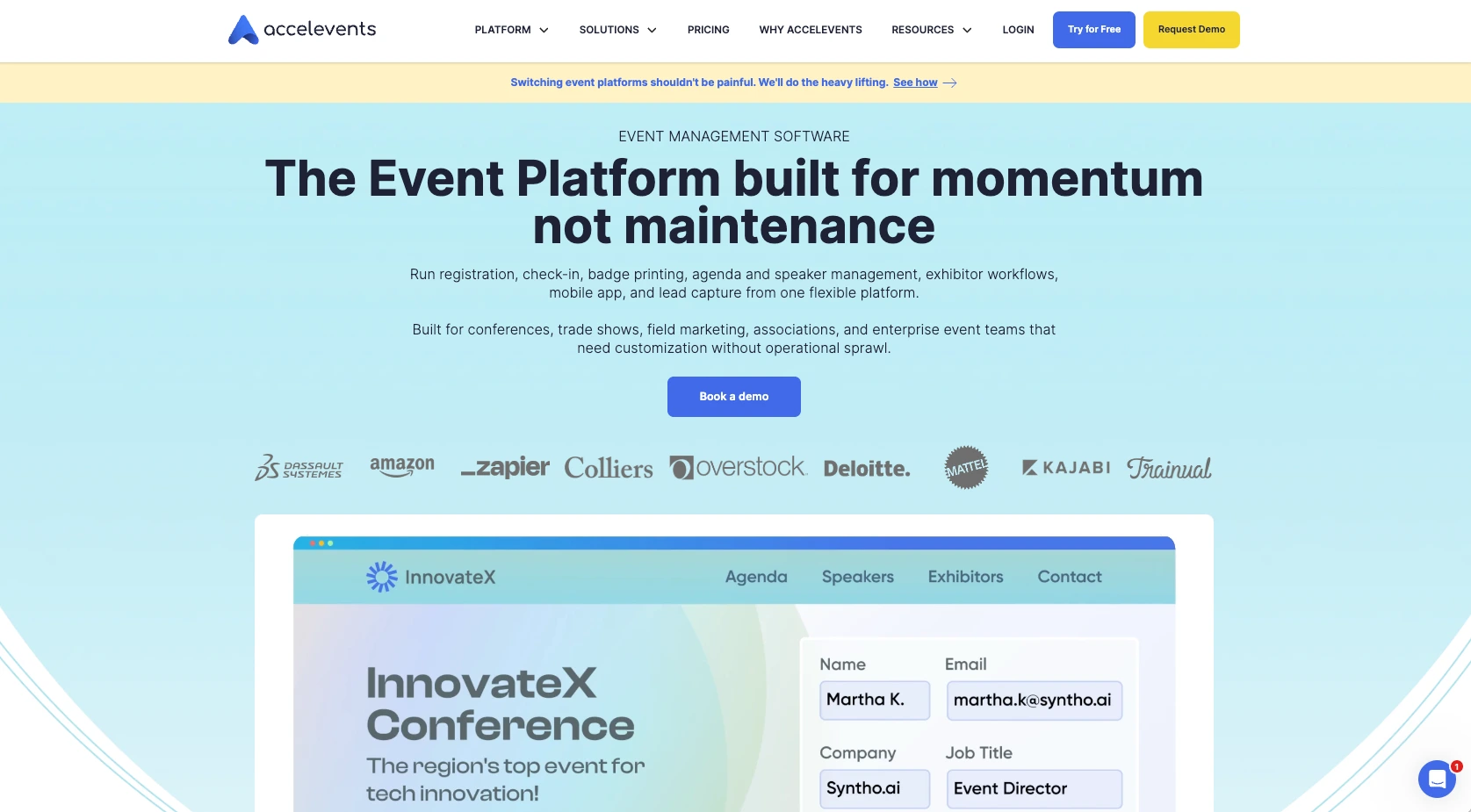 Screenshot of the Accelevents landing page, showing a headline "The event platform built for momentum not maintenance"