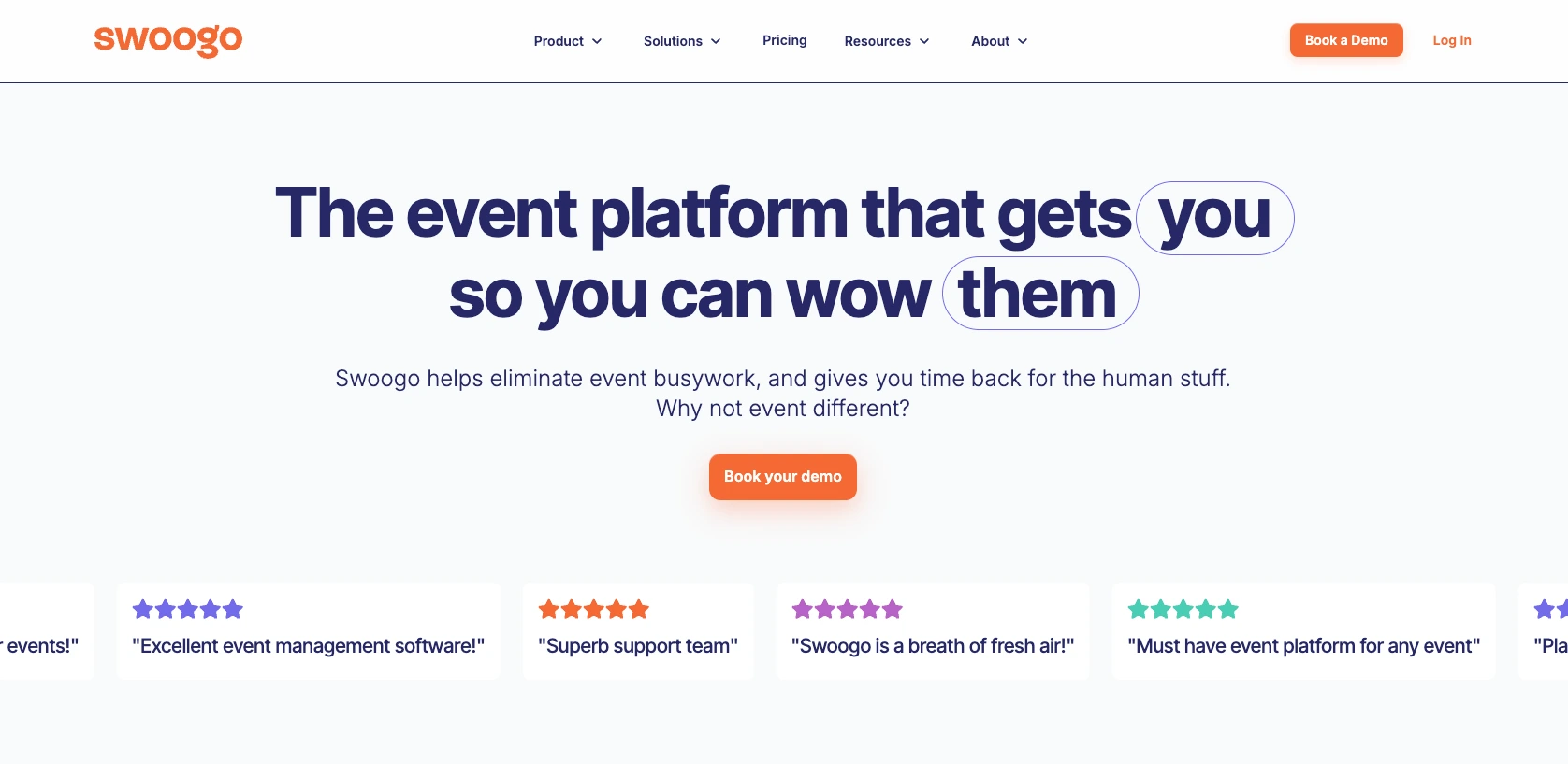 Screenshot of the Swoogo landing page, showing a headline "The event platform that gets you so you can wow them"
