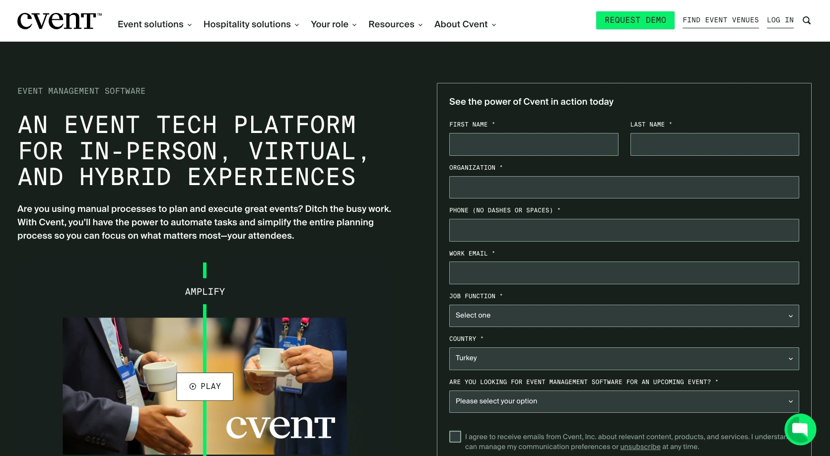 Screenshot of the Cvent landing page, showing a headline "An event tech platform for in-person, virtual, and hybrid experiences"