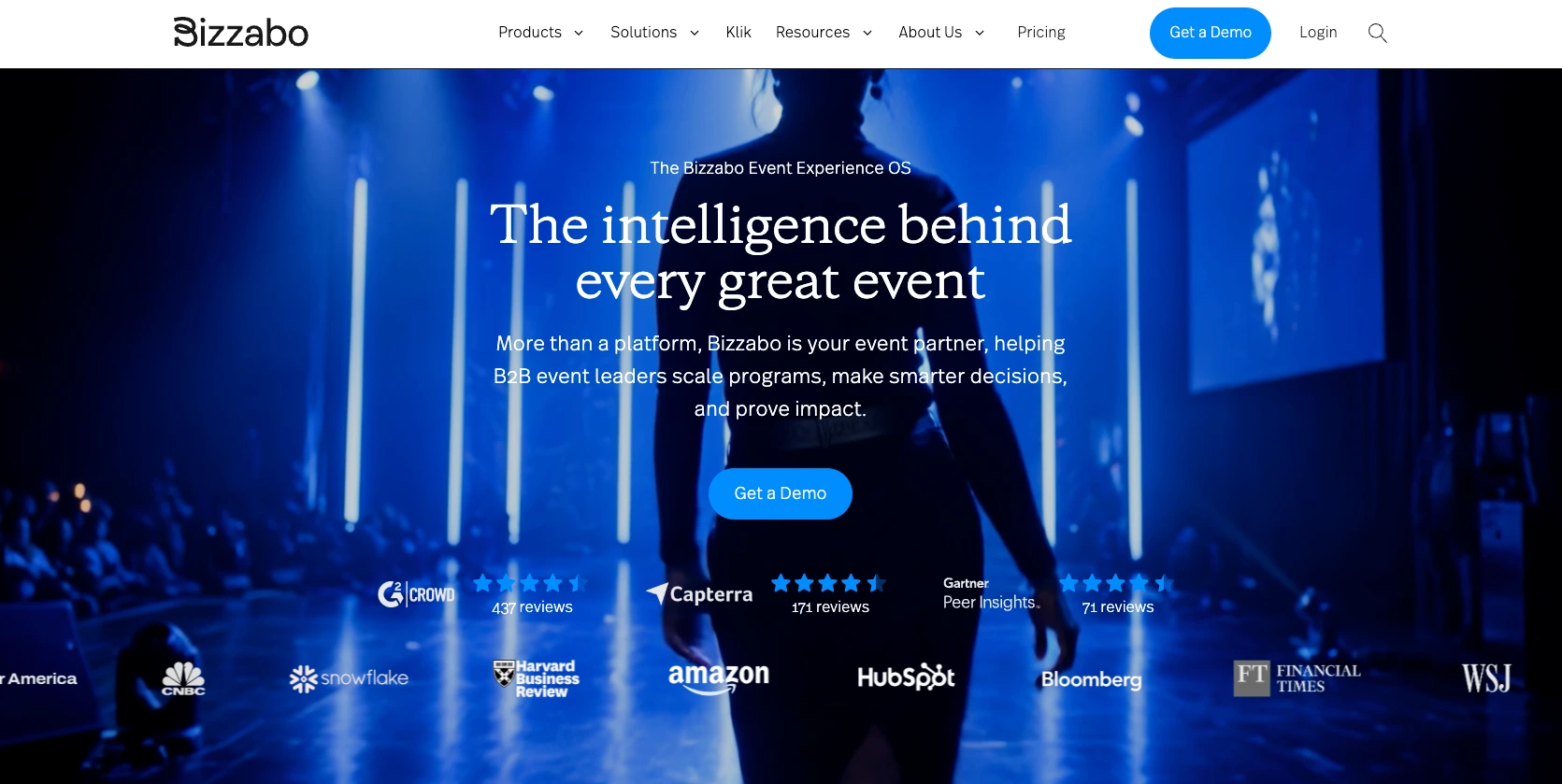 Screenshot of the Bizzabo landing page, showing a headline "The intelligence behind every great event"
