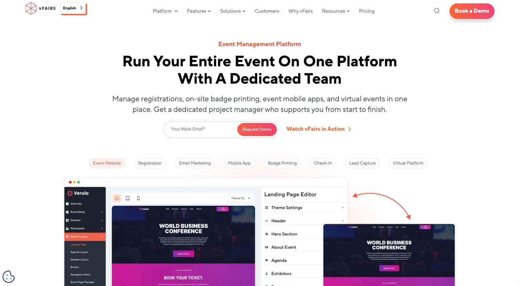 Screenshot of the vFairs landing page, showing a headline "Run Your Entire Event On One Platform With A Dedicated Team"