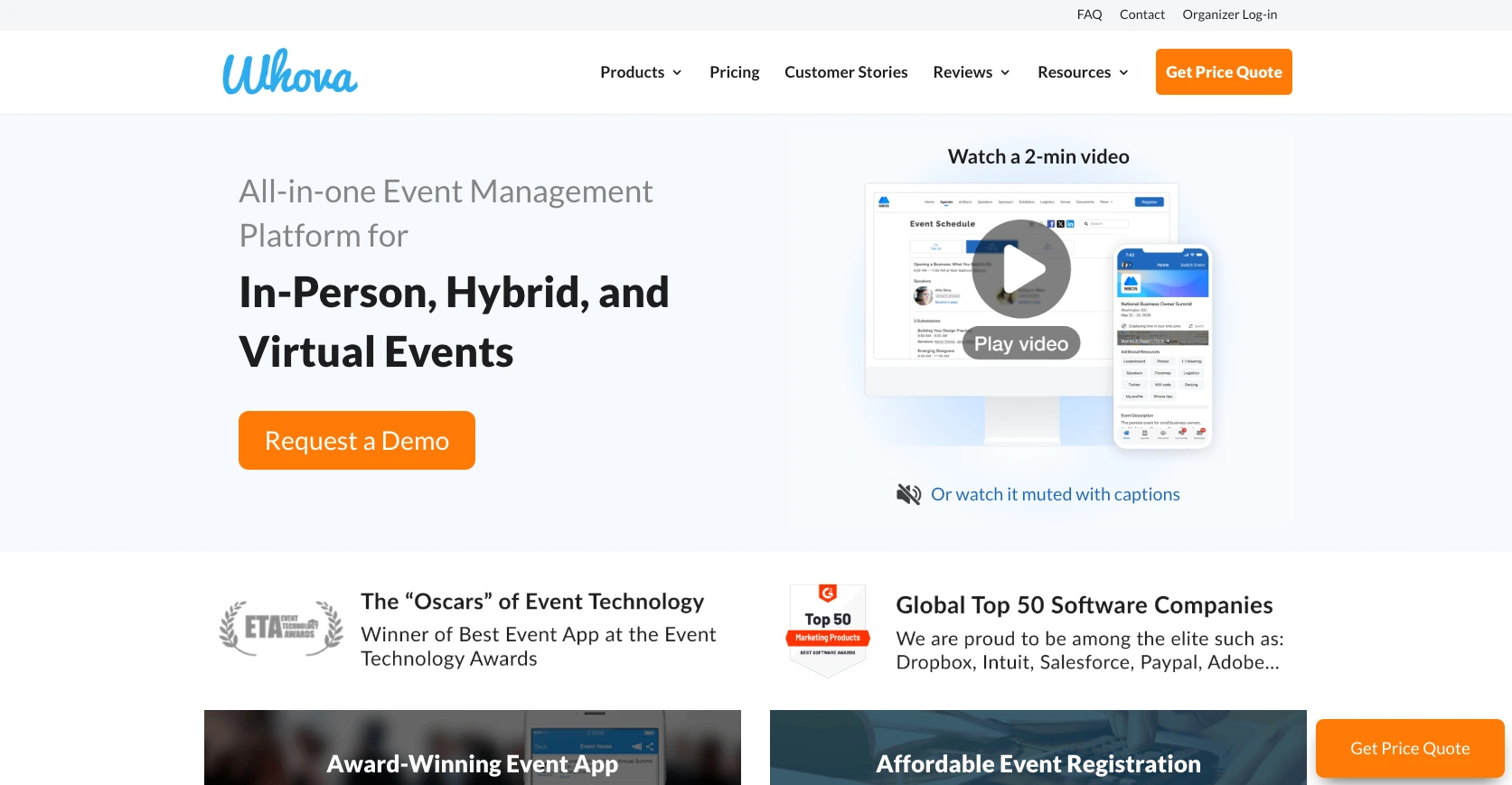 Screenshot of the Whova landing page, showing a headline "In Person, Hybrid, and Virtual Events"