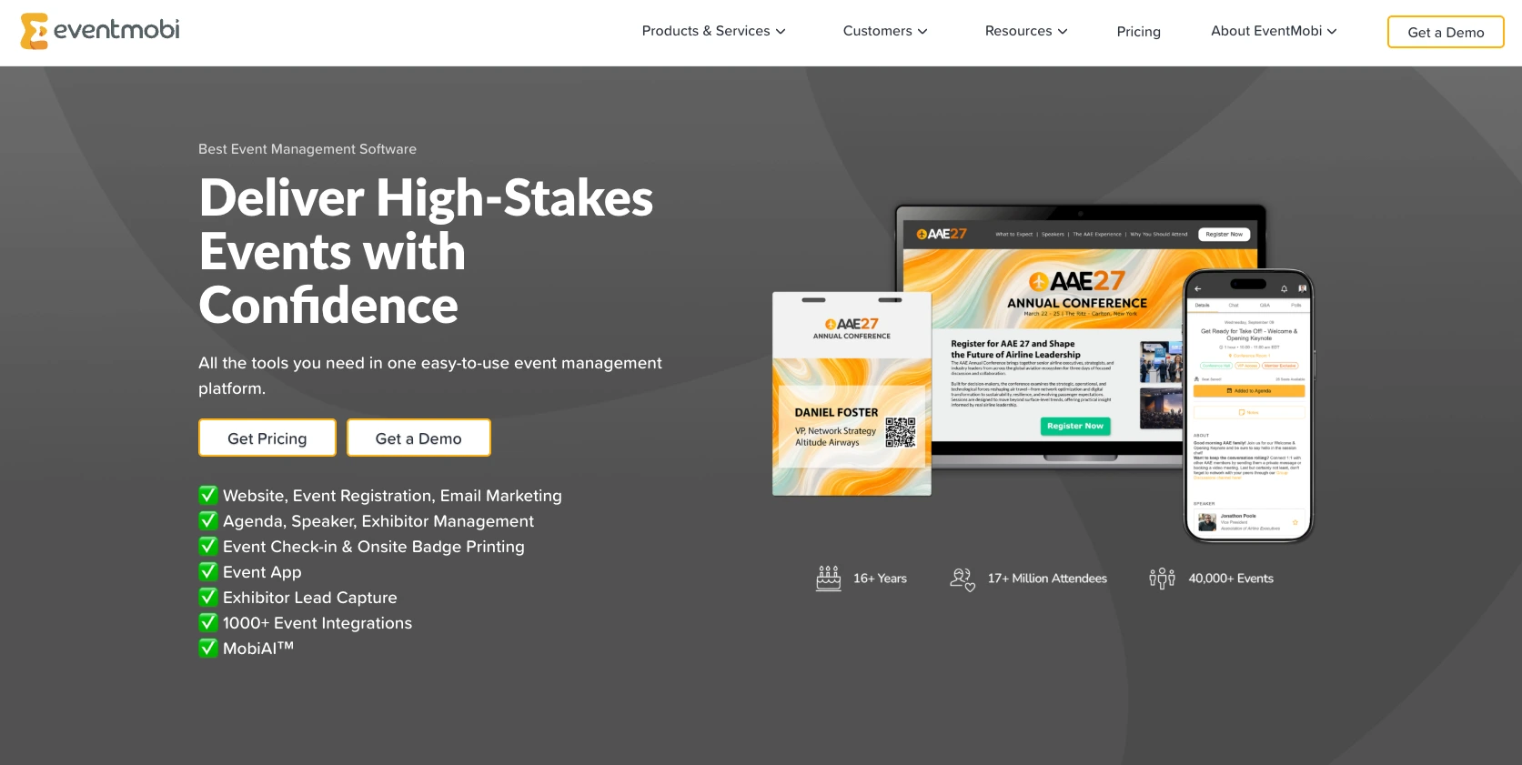 Screenshot of the EventMobi landing page, showing a headline "Deliver High-Stakes Events with Confidence"