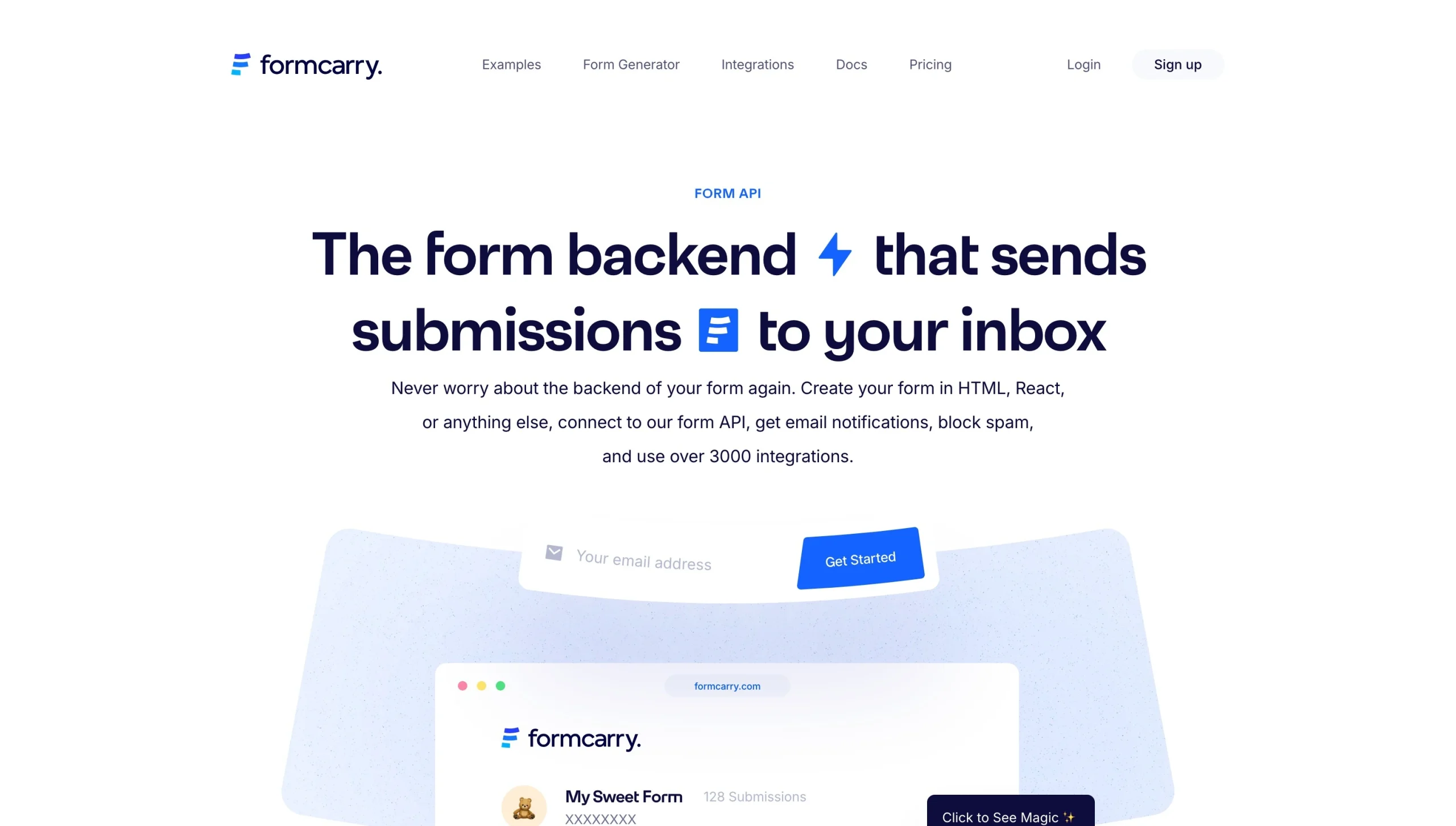 Formcarry homepage highlighting form backend submissions sent directly to an email inbox