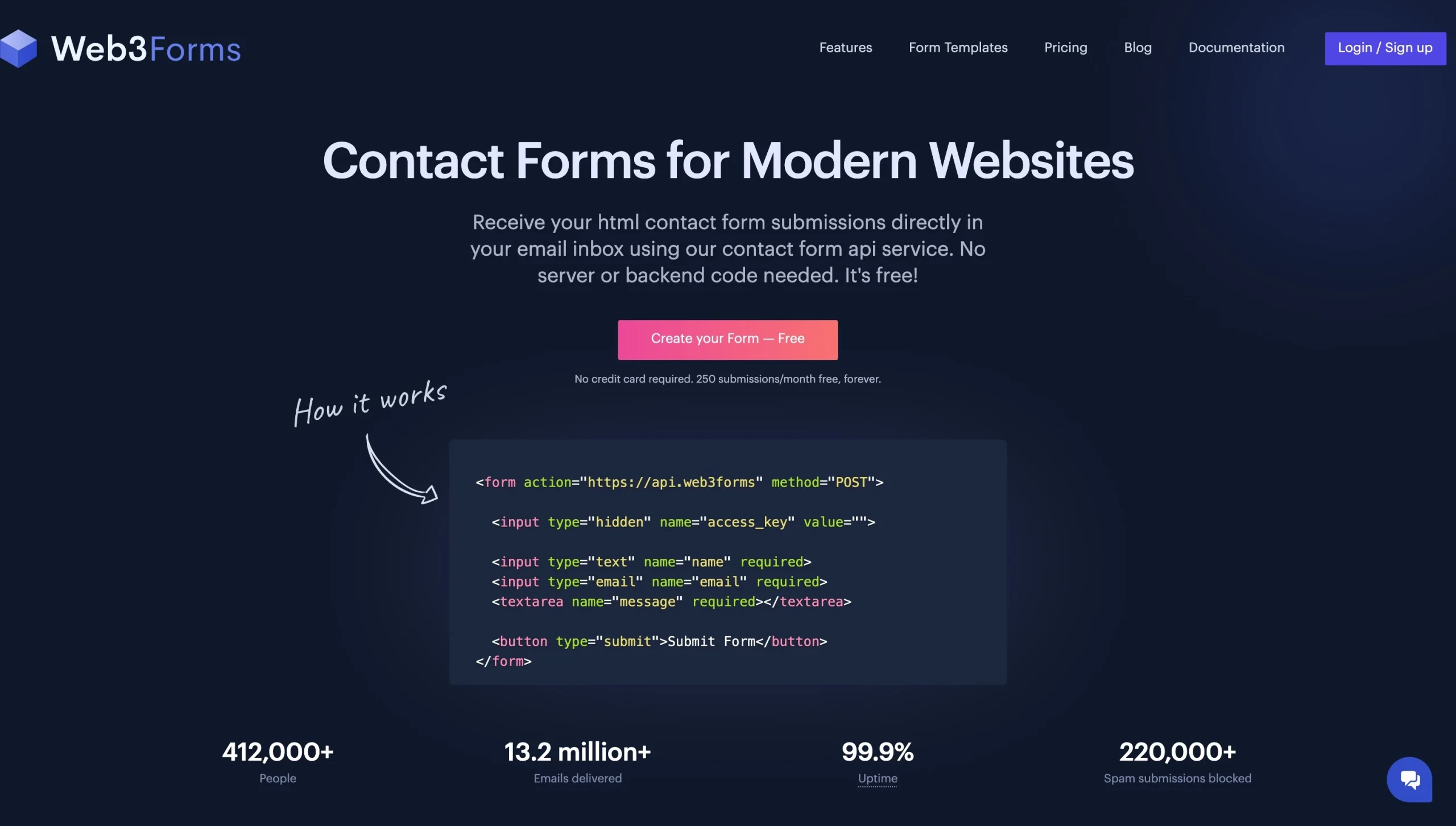 Web3Forms homepage showing contact form API service and HTML code example