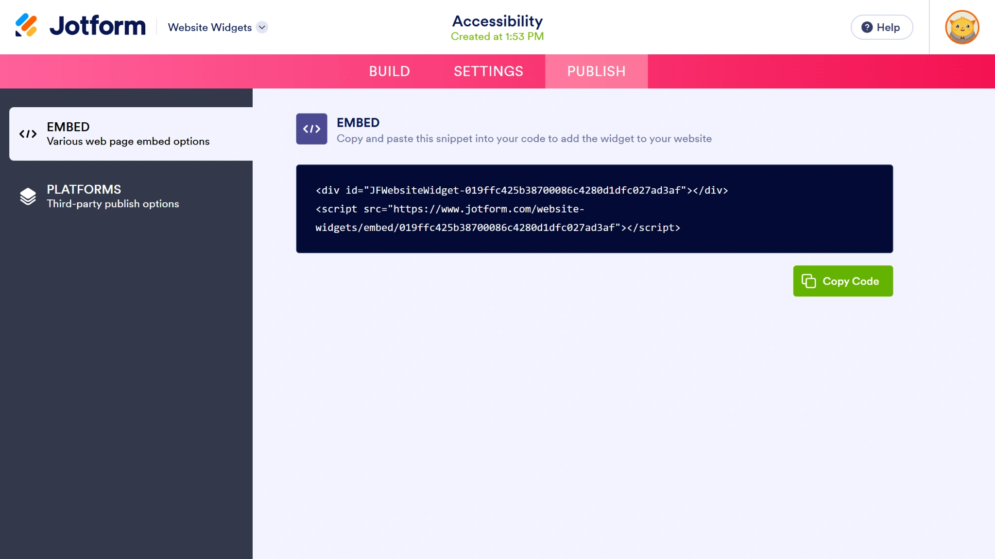 Screenshot of the Jotform Widget Builder publish page
