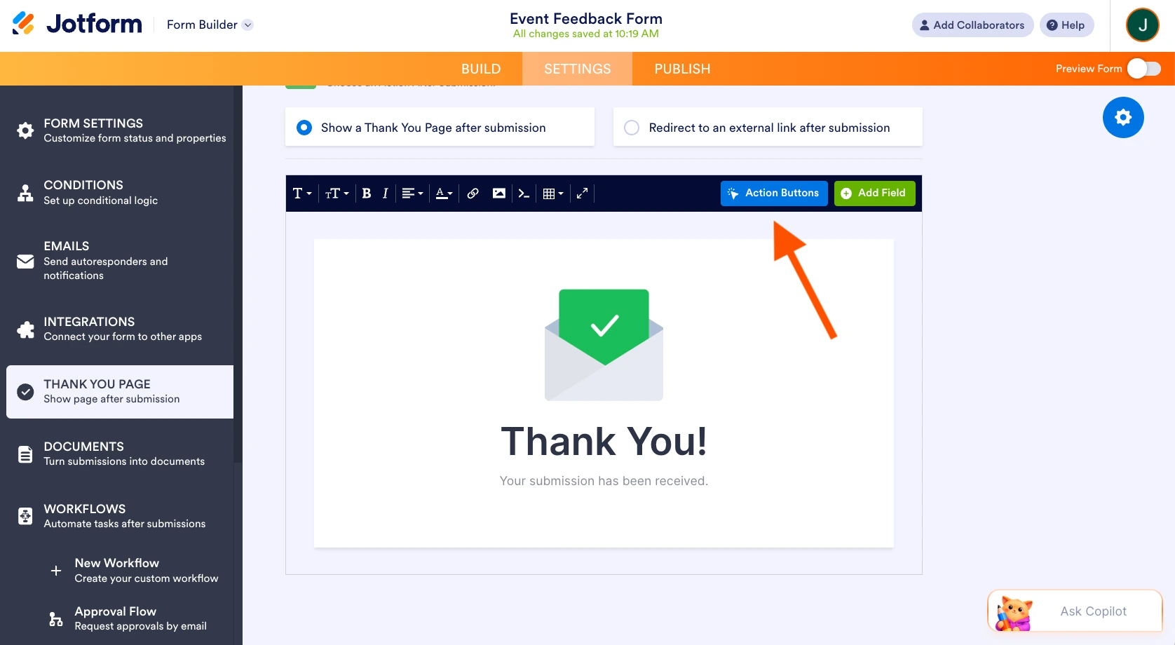Jotform Form Builder interface showing the "Thank You Page" options and an arrow pointing to the "Action Buttons" button