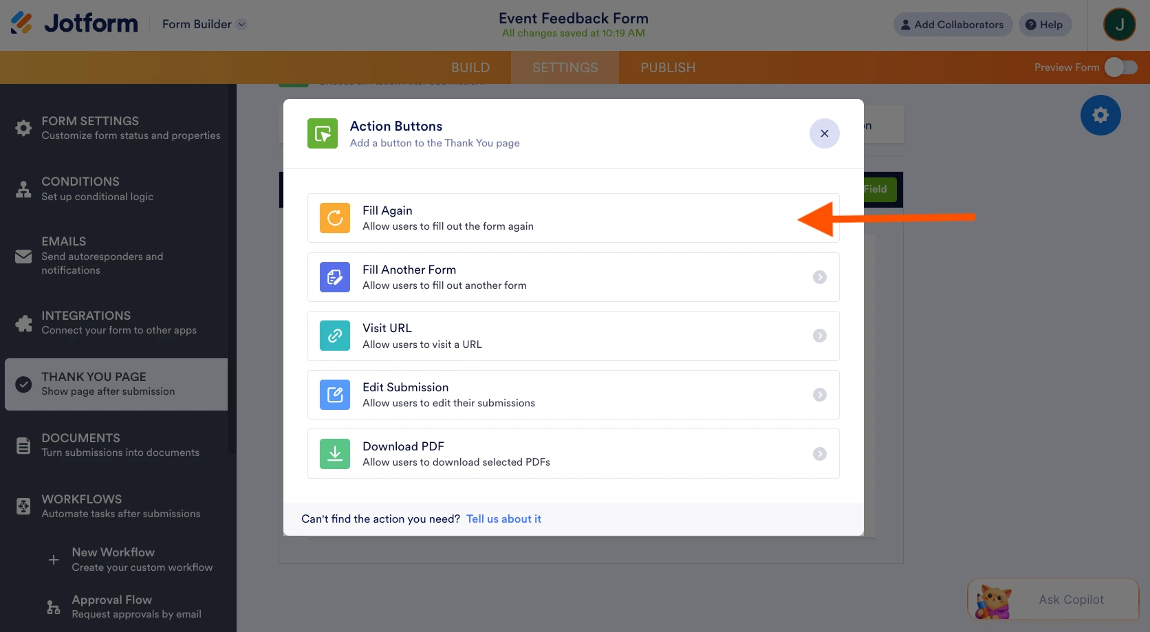Jotform Form Builder interface showing the "Action Buttons" popup and an arrow pointing to the "Fill Again" option