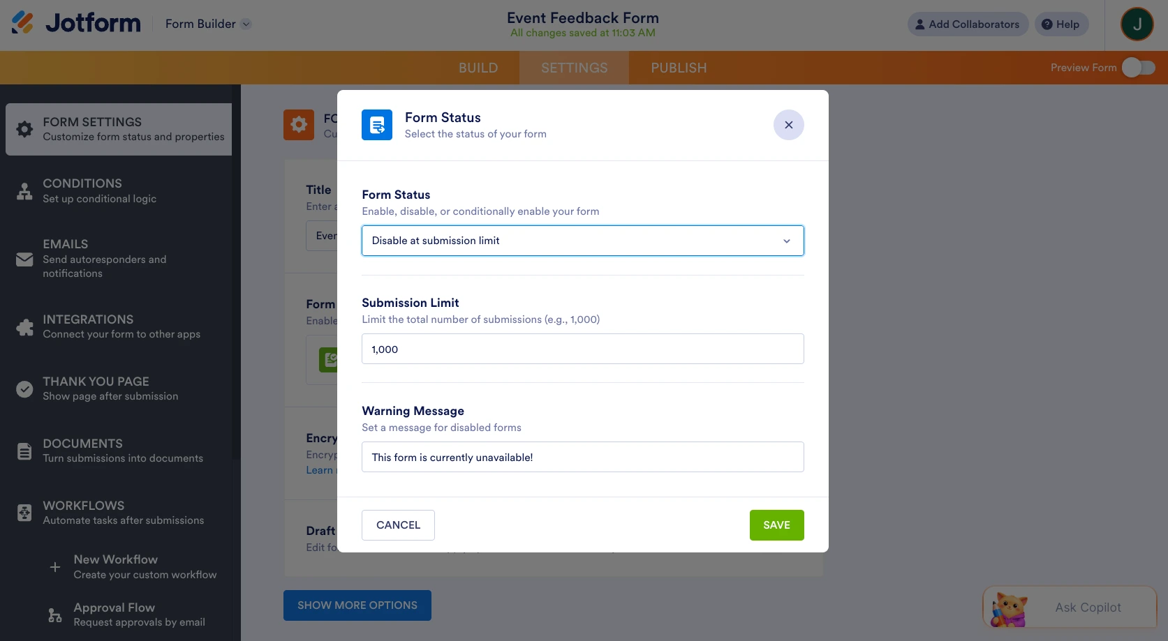 Jotform Form Builder interface showing the "Form Status" popup