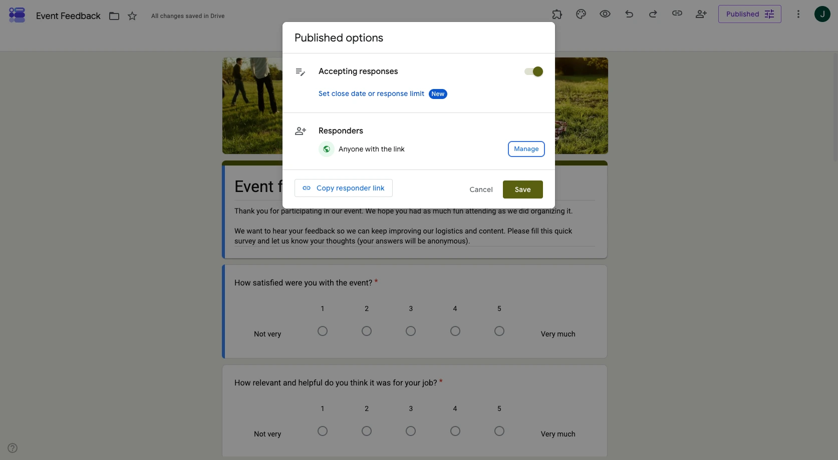 Google Forms interface showing the "Published options" settings and the "Accepting responses" toggle turned to on