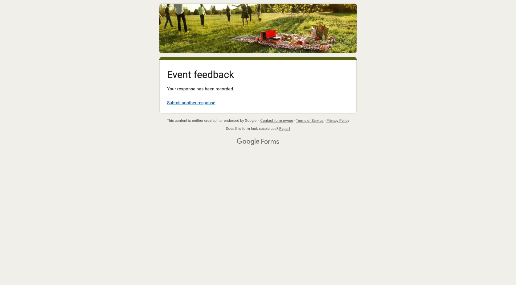 Google Forms interface showing the confirmation message that appears after a successfully recorded form response