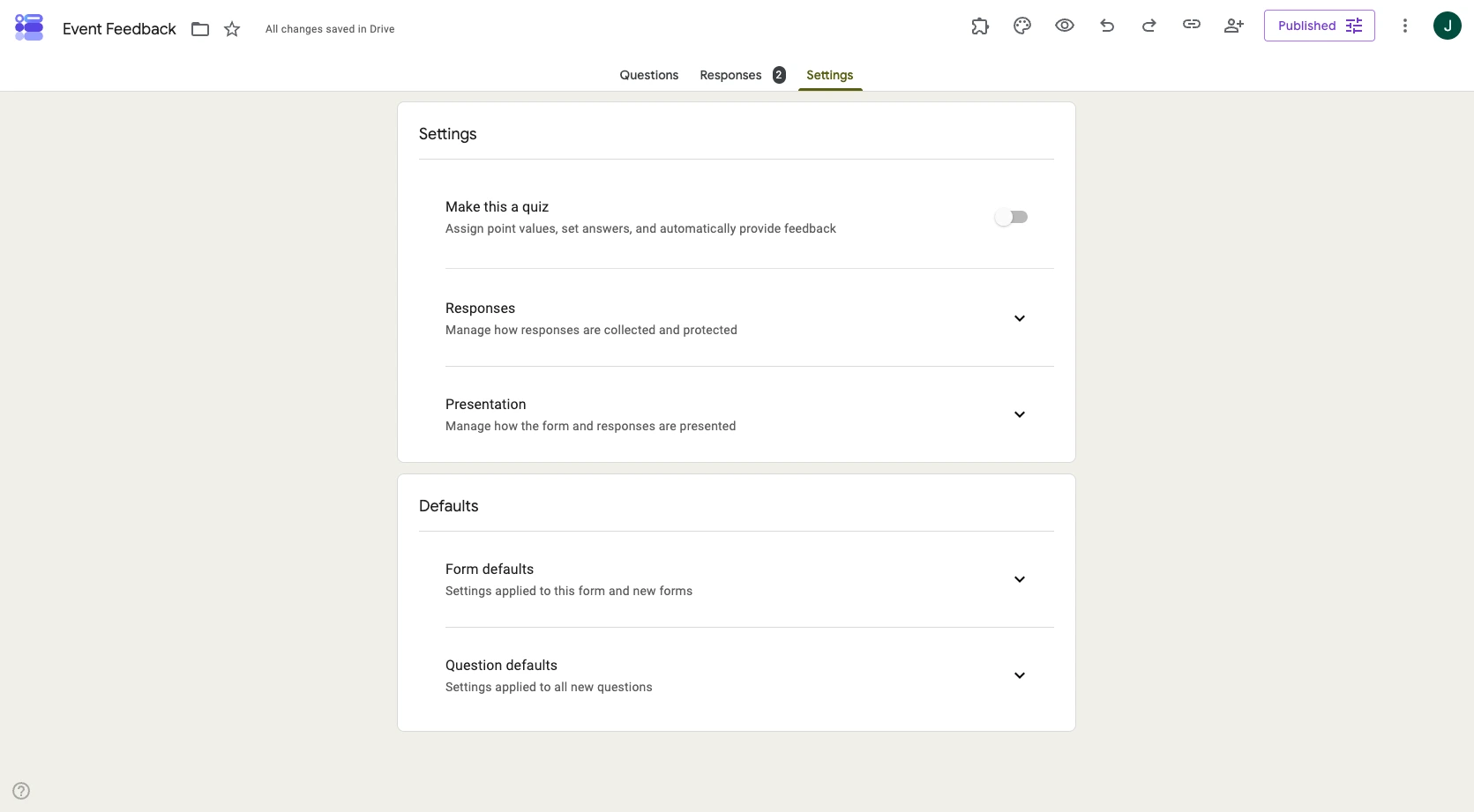 Google Forms interface showing the Settings tab
