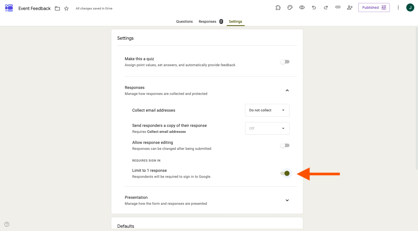 Google Forms interface with an arrow pointing to the "Limit to 1 response" toggle in the Settings tab