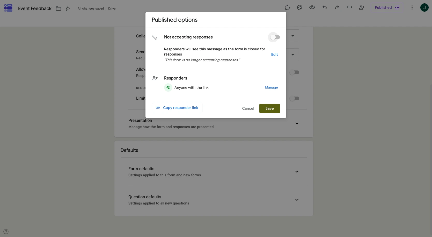 Google Forms interface showing the "Published options" settings and the "Accepting responses" toggle turned to off