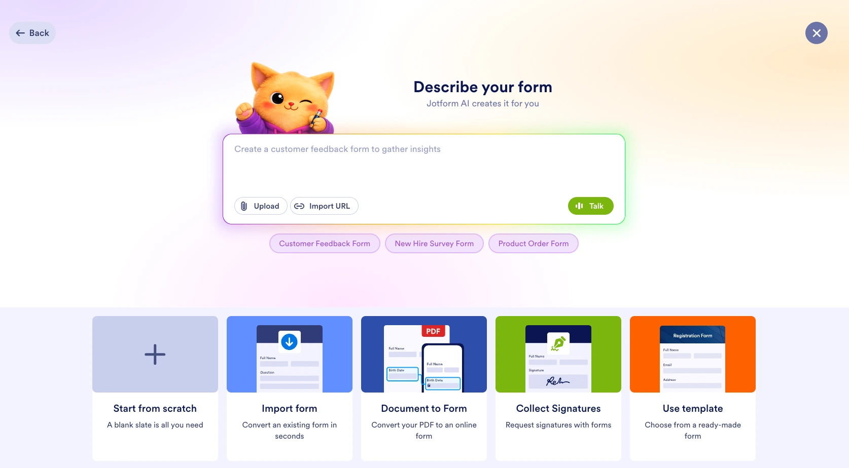 Jotform Form Builder setup page showing the Jotform AI prompt box as well as options to start a form from scratch, import a form, turn a document into a form, collect signatures, or use a template