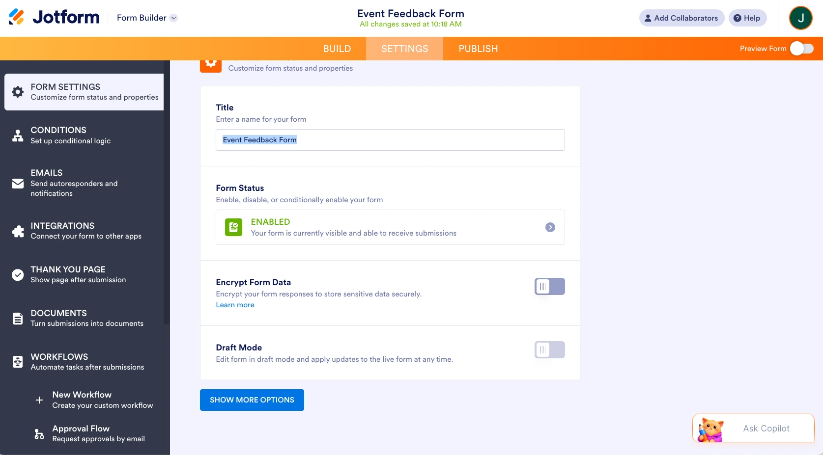 Jotform Form Builder interface showing the "Form Settings" options