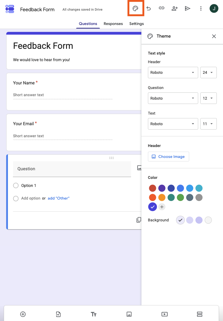 Google Forms clicking on the palette icon on the top of the page on iPad