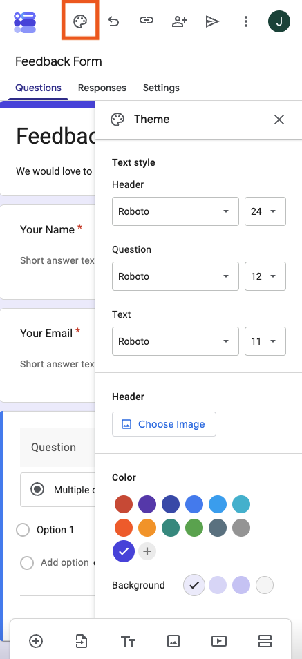 Google Forms clicking on the palette icon on the top of the page on iPhone