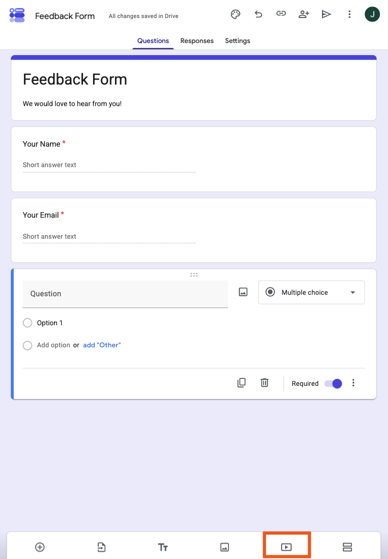 Google Forms clicking on the add video button on the bottom on iPad