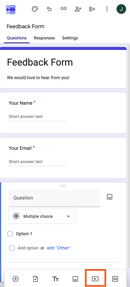 Google Forms clicking on the add video button on the bottom on iPhone