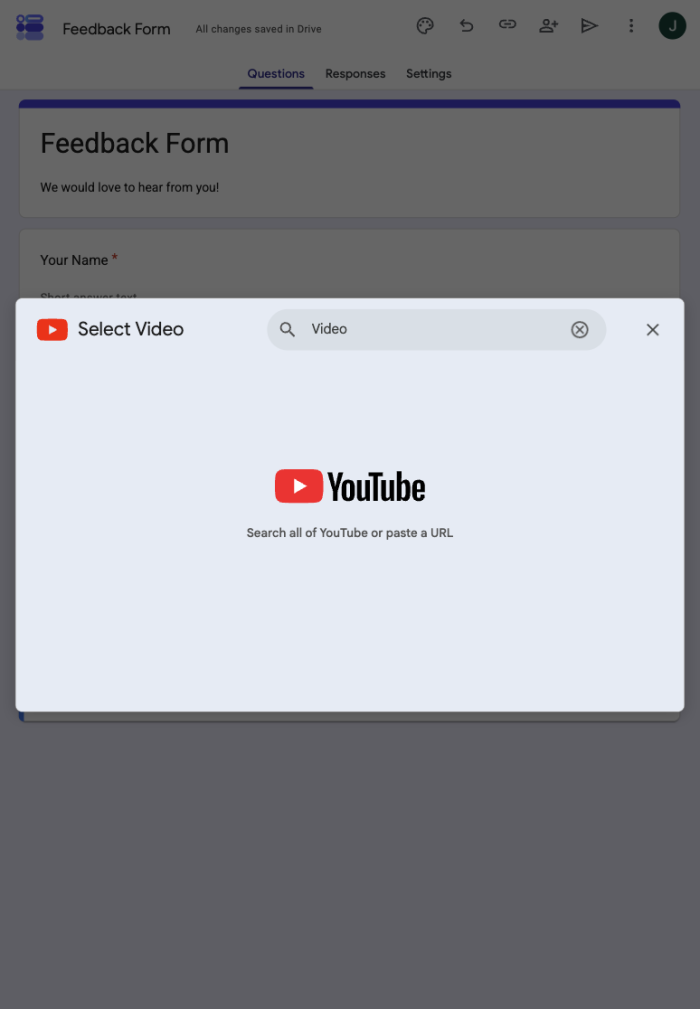 Google Forms viewing the pop-up window for Youtube on an iPad