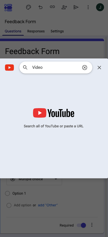 Google Forms viewing the pop-up window for Youtube on an iPhone
