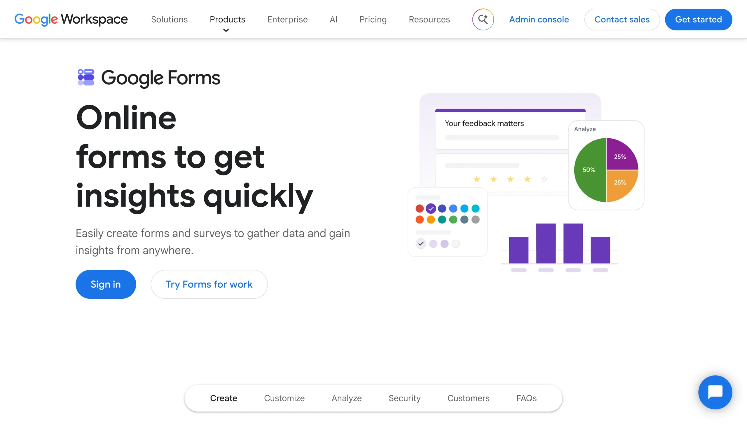 Screenshot of the Google Forms landing page, showing a headline "Online forms to get insights quickly"